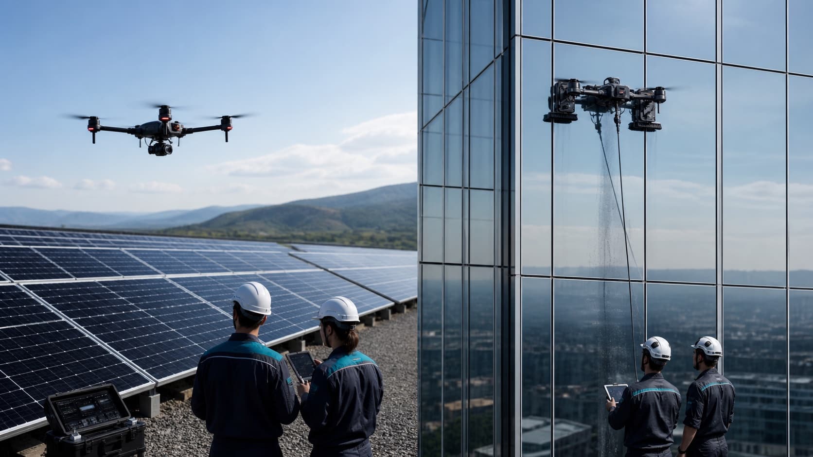Inspection drone working beside a facade with a trained field team