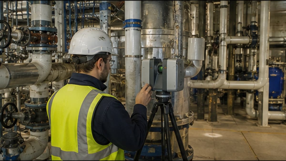 Surveyor collecting detailed existing-condition data inside an industrial facility