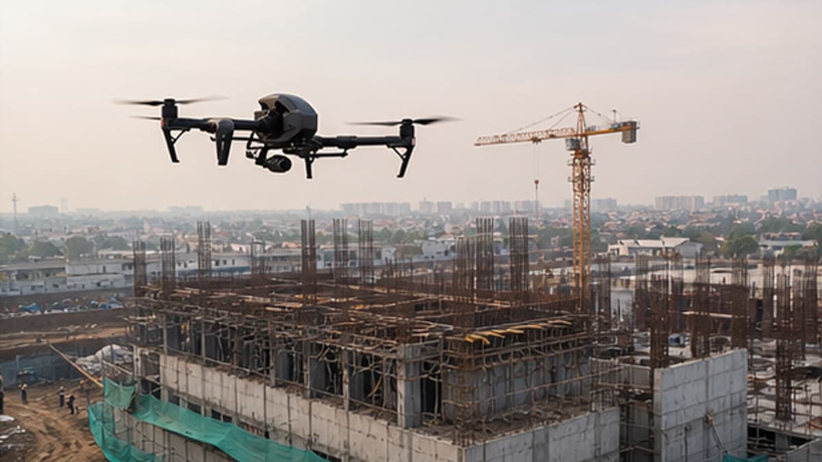 Survey drone capturing a construction site for progress monitoring