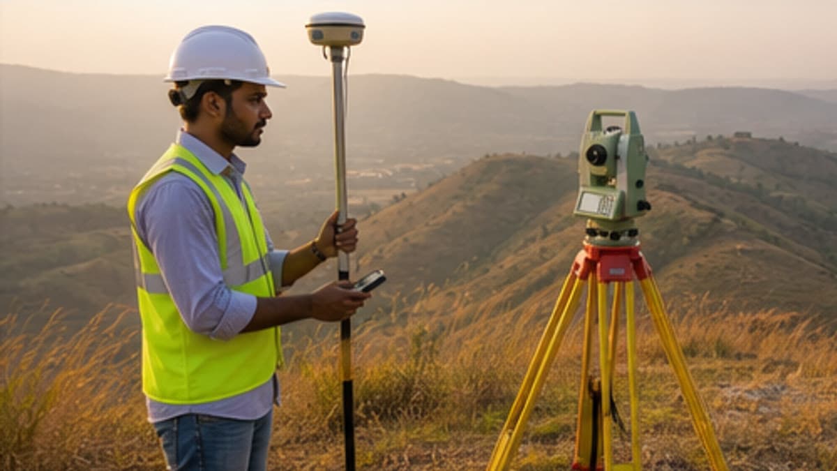Survey professional carrying out controlled topographic field capture