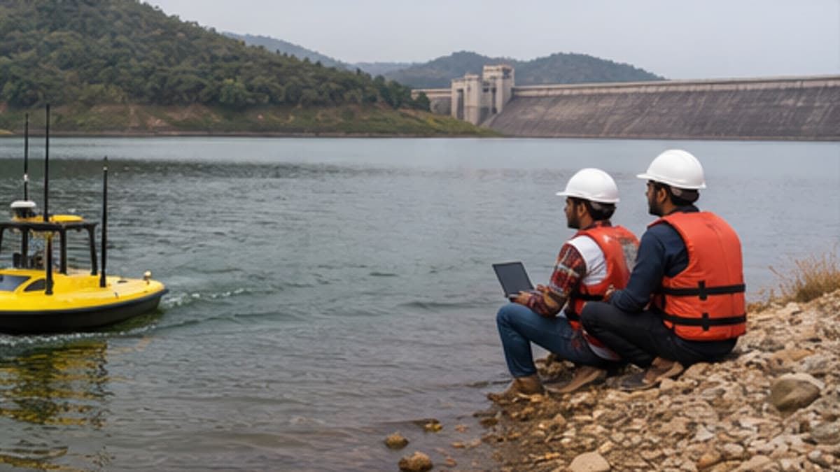 Survey crew and unmanned surface vessel collecting reservoir depth data