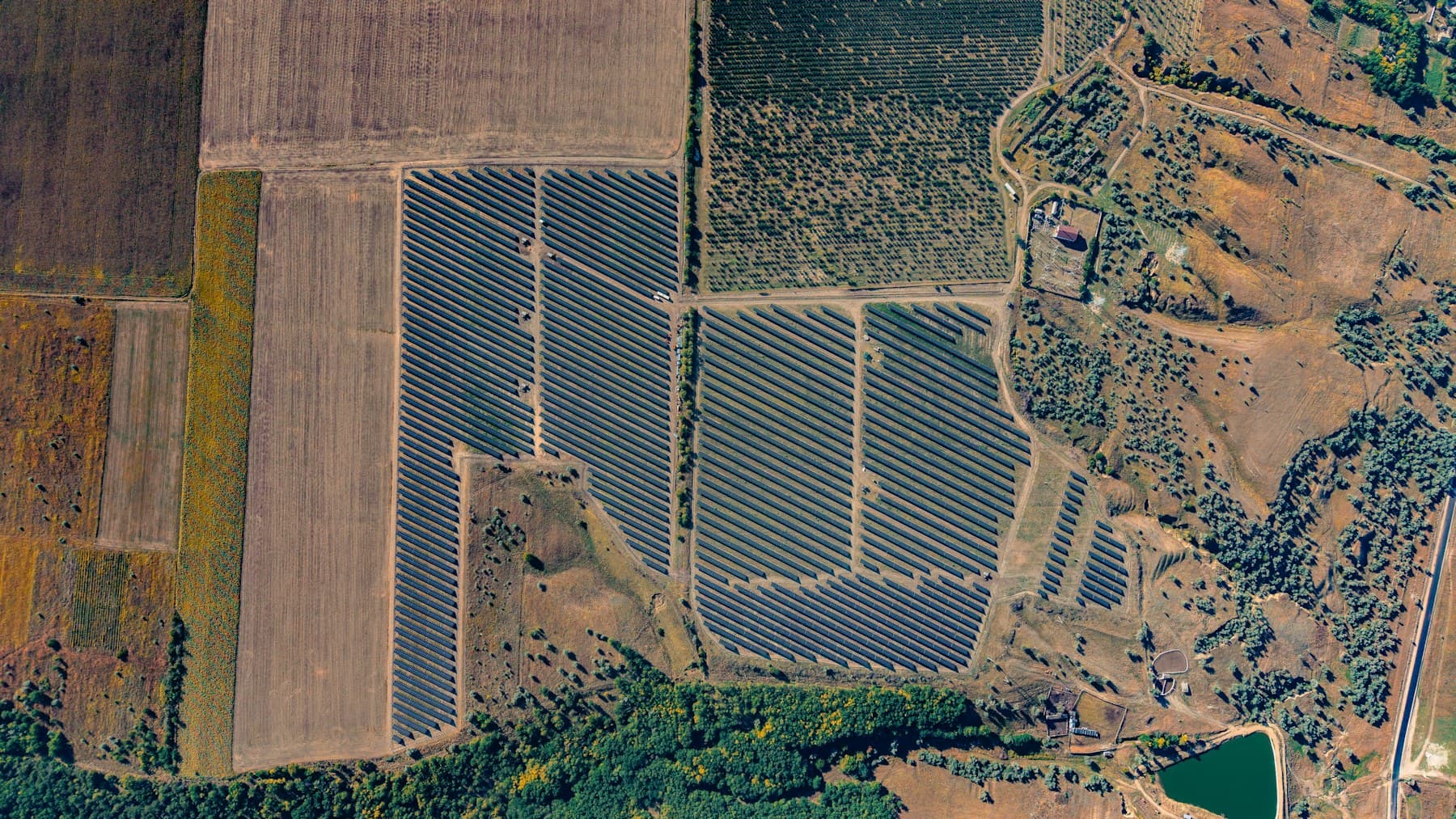 Aerial survey view of a large solar farm